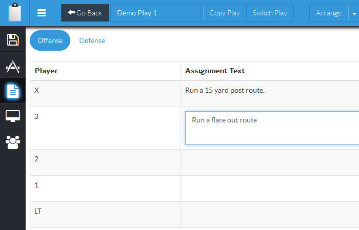 Add detailed player assignment text to each play.